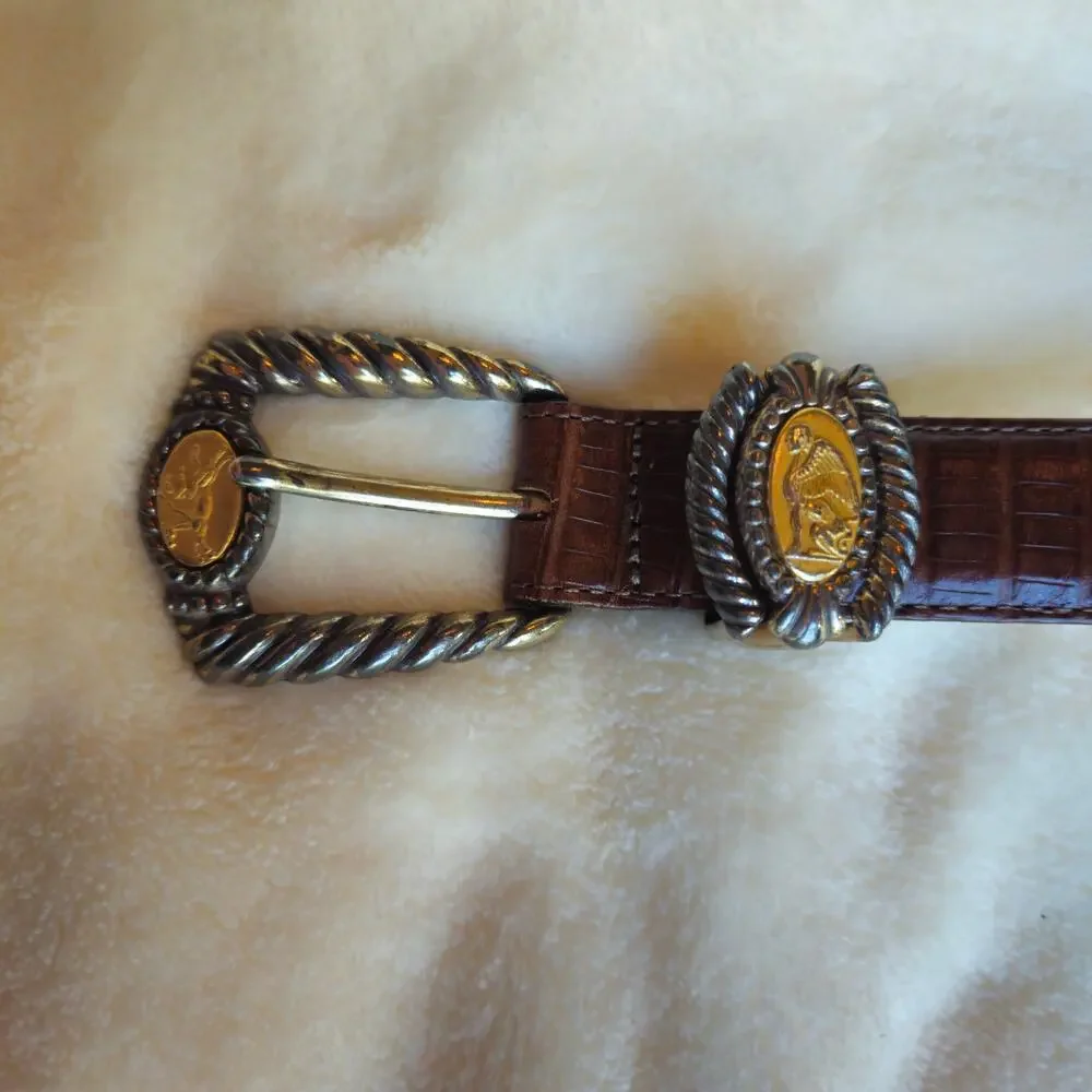 Brighton Museum Collection Brown Croc Embossed Leather Belt Gold Silver Buckle S